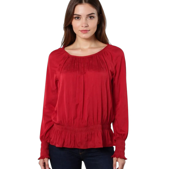 H&M Peasant Blouse Women's Sz 14 Red Long Sleeve Ruffle Shirred Waist Cuffs Top - Picture 3 of 12